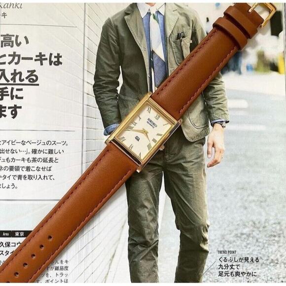 Vintage Style Seiko Quartz Mens Gold Watch & White accents W/ Leather Strap - Picture 4 of 5